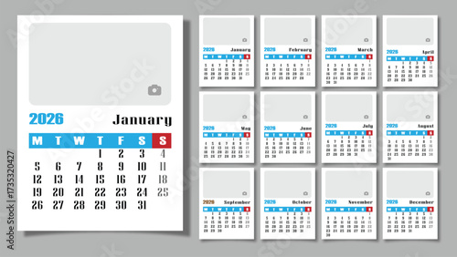 2026 Modern Yearly Calendar Template with Blue and Red Design Isolated