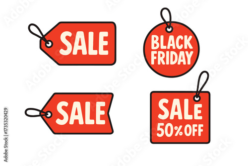 Black Friday sale tags set. Vector label collection for retail promotion and special discount offers. Red price tag icons with 50% off for store advertising and marketing.