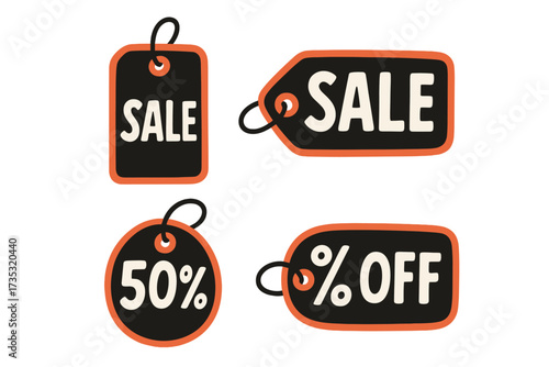Set of Black Friday sale tags. Vector labels for promotion. Discount sticker collection. 50% off price tag. Special offer concept. Hand drawn flat illustration for retail.
