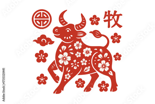 Chinese zodiac sign Year of the Ox. Red papercut bull symbol for Chinese New Year. Traditional Asian horoscope astrology. Vector illustration with flowers and calligraphy.