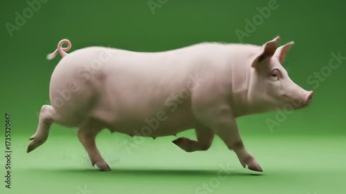 A single pink pig running gracefully across a solid green background.
