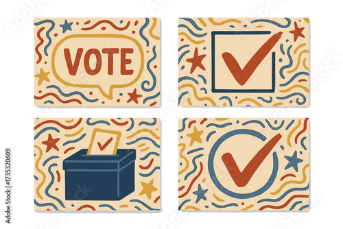 Vote election story template set. Retro hand drawn vector illustration with lettering. Political choice, ballot box, and check mark icons for social media campaign graphics.