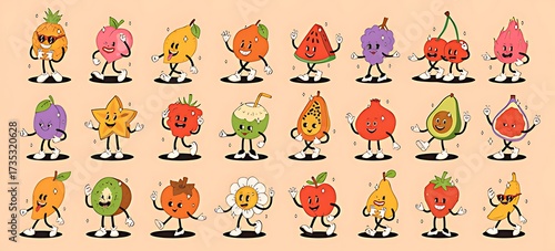 Collection of twenty four anthropomorphic cartoon fruits and vegetables with legs and arms
