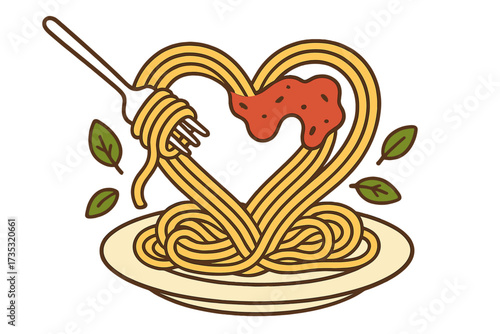Love cooking Italian food concept. Spaghetti pasta in a heart shape with tomato sauce and basil. Fork on a plate. Vector flat illustration for restaurant, menu or food blog.
