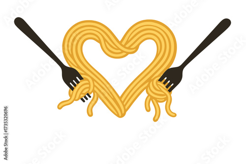 Love cooking together concept. Spaghetti heart symbol with two forks. Pasta love sign for Italian restaurant menu or romantic dinner date. Vector flat cartoon food illustration.