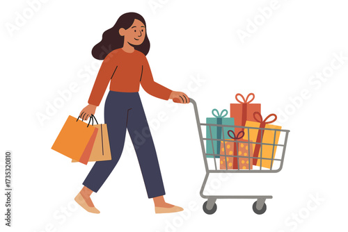 Woman shopper with shopping cart full of gifts and presents. Female character buying at a retail sale event. Customer with bags and trolley in a supermarket or mall. Flat vector illustration.