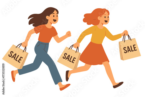 Women running for seasonal sale. Happy girls with shopping bags hurrying to store. Female customers enjoying discounts. Black Friday, consumerism and people shopping concept vector.