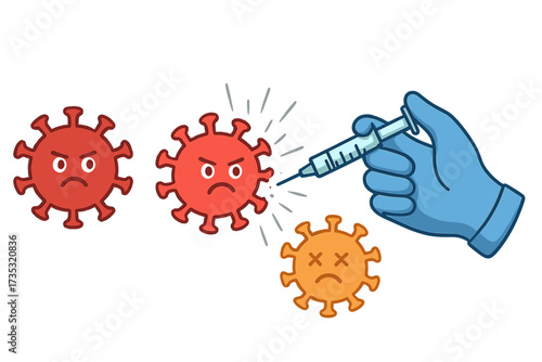 Coronavirus vaccination concept. Hand in a medical glove holds a syringe killing the angry virus character. Metaphor for Covid-19 immunization, flu shot, medicine, and disease prevention.