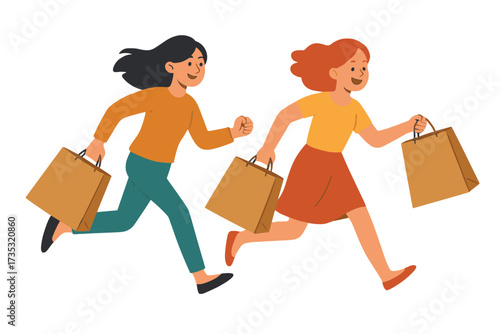 Women running for sales with shopping bags. Girls hurrying for seasonal store discounts. Happy female customers on a shopping spree. Black Friday clearance vector concept.