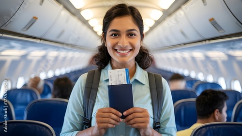 Young Woman Holding Passport and Boarding Pass Inside Airplane Cabin Ready for Flight