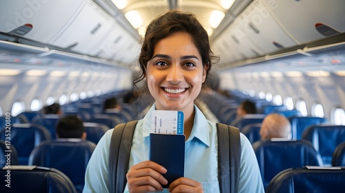 Young Woman Holding Passport and Boarding Pass Inside Airplane Cabin Ready for Flight