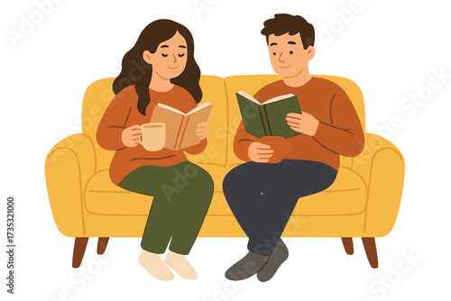 Couple reading books together on a cozy yellow sofa. Man and woman relaxing at home with tea, enjoying a hobby. Hygge lifestyle concept. Leisure time. Vector flat illustration.