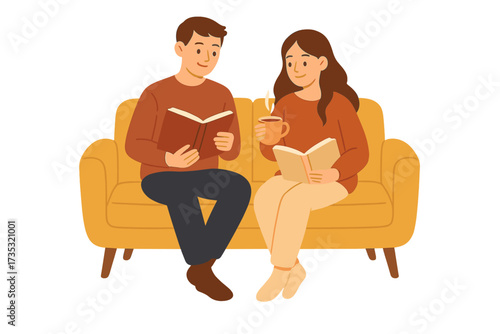 Couple reading books on a sofa. Man and woman at home relaxing together with hot tea. Cozy hygge lifestyle, hobby and leisure concept for book lovers. Vector flat illustration.