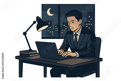Businessman working late at night on laptop in office with city skyline and moon outside window, focused professional in suit using computer during night shift, corporate work concept