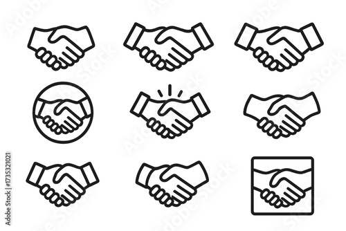 Vector illustration of handshake icons set with transparent background, business agreement symbols, partnership and collaboration, alliance and trust concepts, line art style