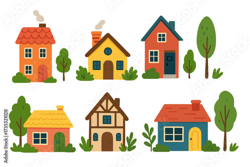 Colorful small houses set with nature elements. Home sweet home collection. Flat hand drawn vector illustration. Cute cartoon residential property for real estate concept.
