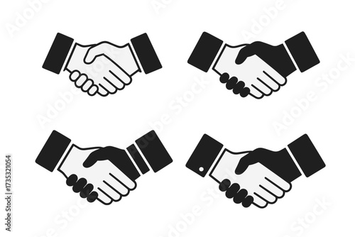 Vector illustration of handshake icons set with transparent background, agreement and partnership symbols in black and white, business deal, cooperation, trust concept, teamwork design