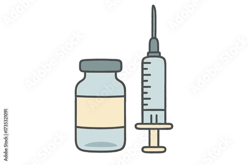 Medical equipment elements. Syringe and vaccine jab bottle shot. Hand drawn flat vector style illustration for promoting immunization and vaccination. Medicine, health care concept.