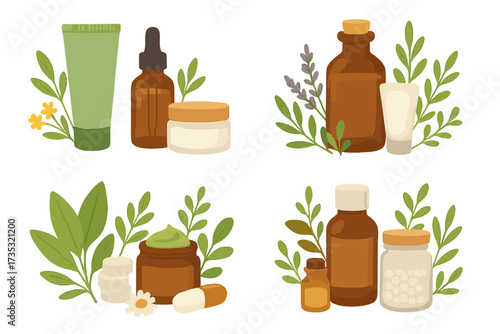 Natural cosmetics set. Organic skincare and healthcare products. Homeopathy and biopharmacology concept. Vector illustration of cream, serum, pills, and herbal remedies.