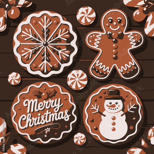 Festive christmas gingerbread cookies and candies arranged on a dark wooden surface for a holiday celebration