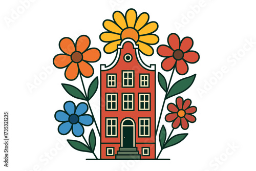 Netherlands traditional house with colorful flowers. Dutch architecture in flat design. Amsterdam travel icon, tourism symbol, souvenir postcard vector illustration. Holland.