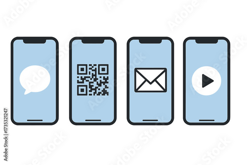 Social media smartphone icons set with message, QR code, email envelope, and play button symbols, modern mobile interface digital communication vector illustration