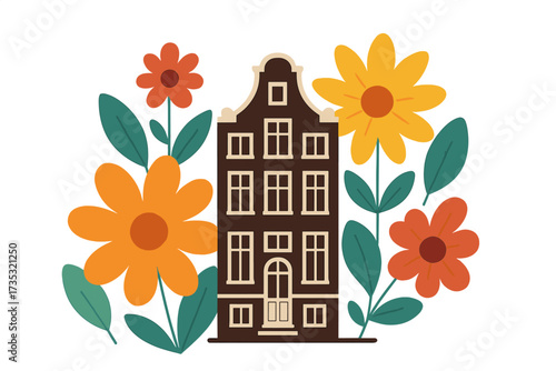 Dutch canal house in Amsterdam with colorful flowers. Traditional Netherlands architecture. Cute flat vector illustration for travel poster, tourism booklet, or souvenir card.