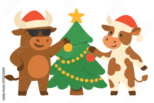 A cool cartoon bull with sunglasses and a cute cow in Santa hats decorate a Christmas tree together. Festive animal couple celebrating Christmas and New Year holiday. Vector.