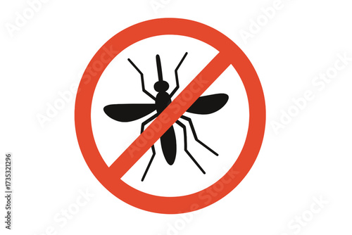 No mosquito sign. Stop mosquitoes icon. Red circle with a crossed-out insect. Gnat warning danger symbol. Protection from diseases spread by midges. Pest control vector.