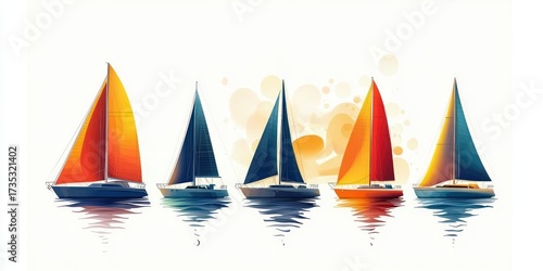 Five colorful sailboats with bright red, orange, and blue sails reflected in calm water against a light background evoking a peaceful and vibrant maritime scene