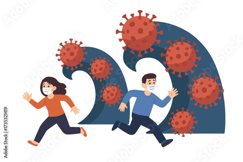 Coronavirus second wave concept. People in face masks run in panic from giant Covid-19 virus waves. Metaphor for pandemic fear, health crisis and a new epidemic outbreak.