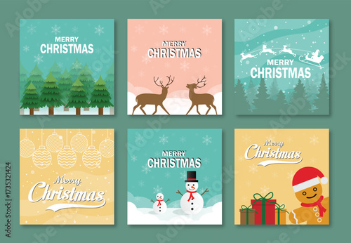 Merry Christmas Greeting Card Collection with Snowman, Reindeer, Gifts, and Trees Isolated