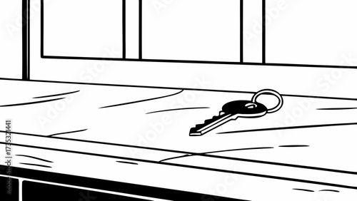 A key resting on a windowsill with a window behind it in a black and white illustration style created with generated ai 