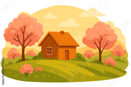 Cozy spring landscape with a small country wooden house. Blooming pink trees on green grass hills. Warm idyllic background illustration. Vector cartoon farm scenery.