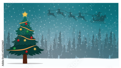 Christmas Night Scene with Decorated Tree and Santa Sleigh Silhouette