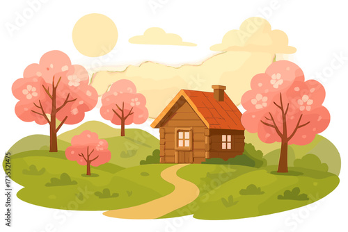 Cozy fair weather spring landscape. Small country wooden house and blooming pink trees on green grass hills. Warm spring background. Vector Cartoon illustration. Rural cottage.