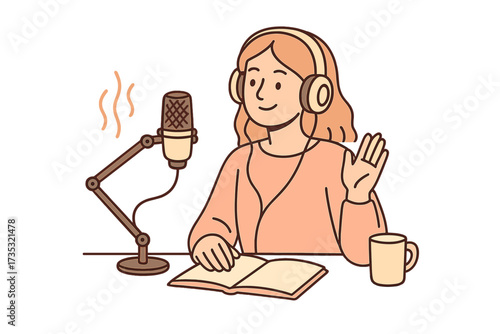 Podcasting concept. Young woman recording audio show in studio. Cute female host with microphone making new content for social media blog. On air broadcast. Blogger streaming.
