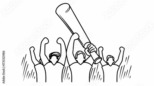 Crowd cheering with raised arms and a person holding a bat in a black and white illustration created with generated ai 