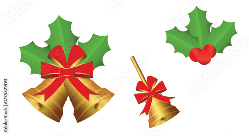 Golden Christmas Bells with Red Ribbon and Holly Leaves