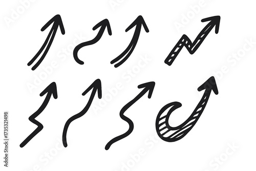 Hand-drawn black arrow set with transparent background, vector illustration of various curved and zigzag directional arrows, simple doodle style, uptrend and flow symbols