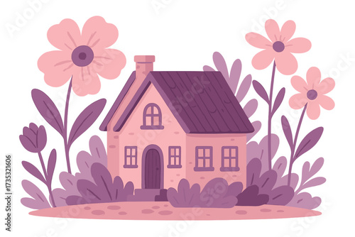 Charming cottage with giant spring flowers. Vector illustration of a cozy house in a fantasy garden. Pink and violet tones. Concept for real estate, home, property, banner.