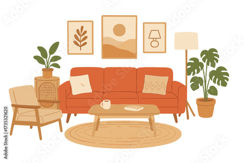 Cozy Scandinavian living room interior with retro furniture. Hygge home apartment scene with sofa, armchair, houseplants, and wall art. Modern flat vector illustration concept.