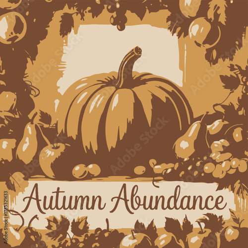 A stylized illustration celebrating the harvest season with a prominent pumpkin surrounded by various fruits and autumn foliage