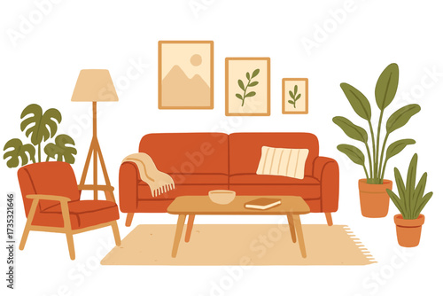 Living room interior in trendy Scandinavian hygge style. Cozy home apartment with retro sofa, armchair, coffee table, and houseplants. Modern flat cartoon vector illustration.