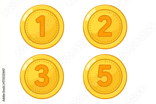Shiny gold coins with embossed numbers 1, 2, 3, and 5, bright circular tokens, game currency illustration, collectible digital coins, transparent background vector set
