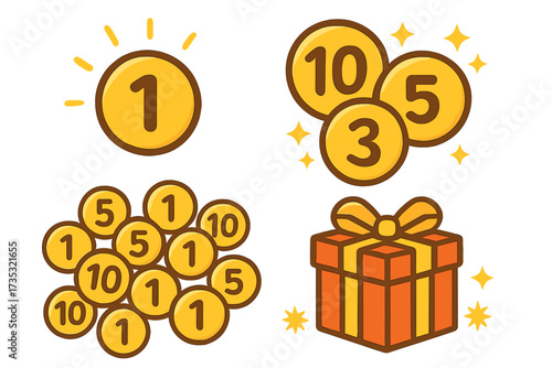 Bright gold coins with numbers 1, 3, 5, 10 and gift box illustration, shiny cartoon money tokens set, treasure concept, rewards and prize icons, transparent background
