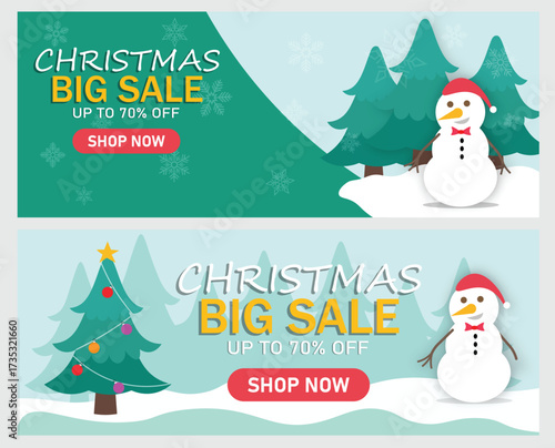 Christmas Big Sale Banner with Snowman and Tree Design