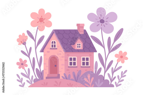 Fairytale house in a magic flower garden. Cozy pink cottage illustration in a flat design. Whimsical concept for a sweet dream home, real estate symbol, or cute spring card.