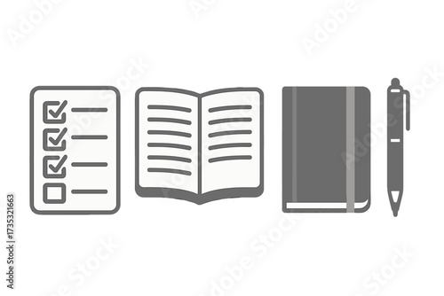 Vector illustration of checklist, open book, closed notebook with elastic band, and pen set with transparent background, office, study, education, and planning tools icons