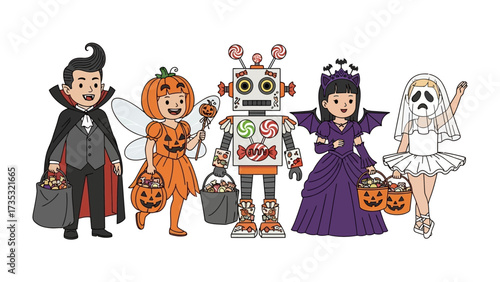 Enchanting Halloween Costume Parade: A vibrant illustration showcases children dressed in elaborate costumes, eagerly anticipating the excitement of the annual celebration.